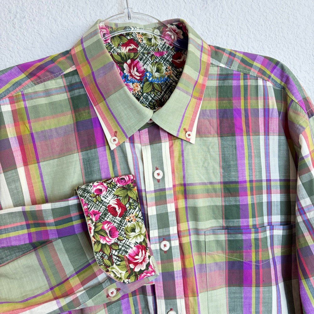 Alan Flusser Mens Large Plaid Button Down Shirt Floral Contrast Trim Cotton L